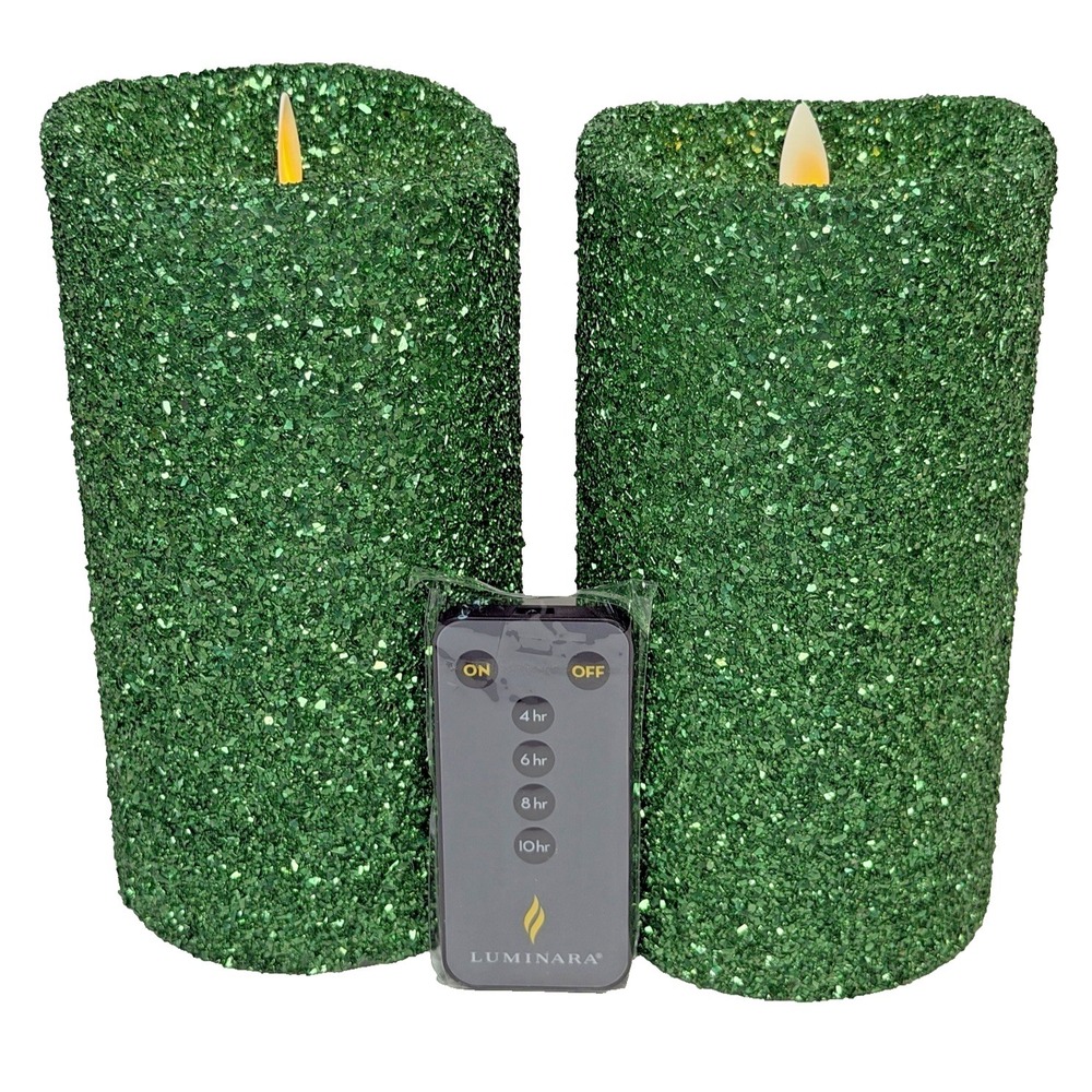 Luminara Real Flameless Candles 7" Green Glitter w/ Remote Set of 2 WORKS